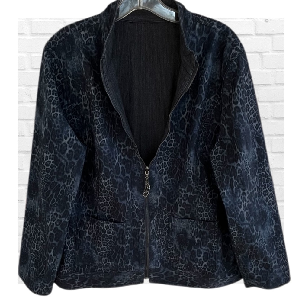 Chico’s Reversible Jean Jacket Animal Print Blue Zip Front Plus Size Denim
